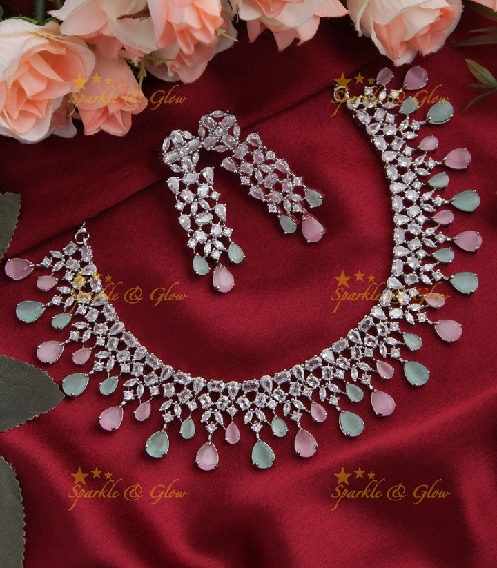 Silver Finish Statement AD necklace - Pastel Pink Green
