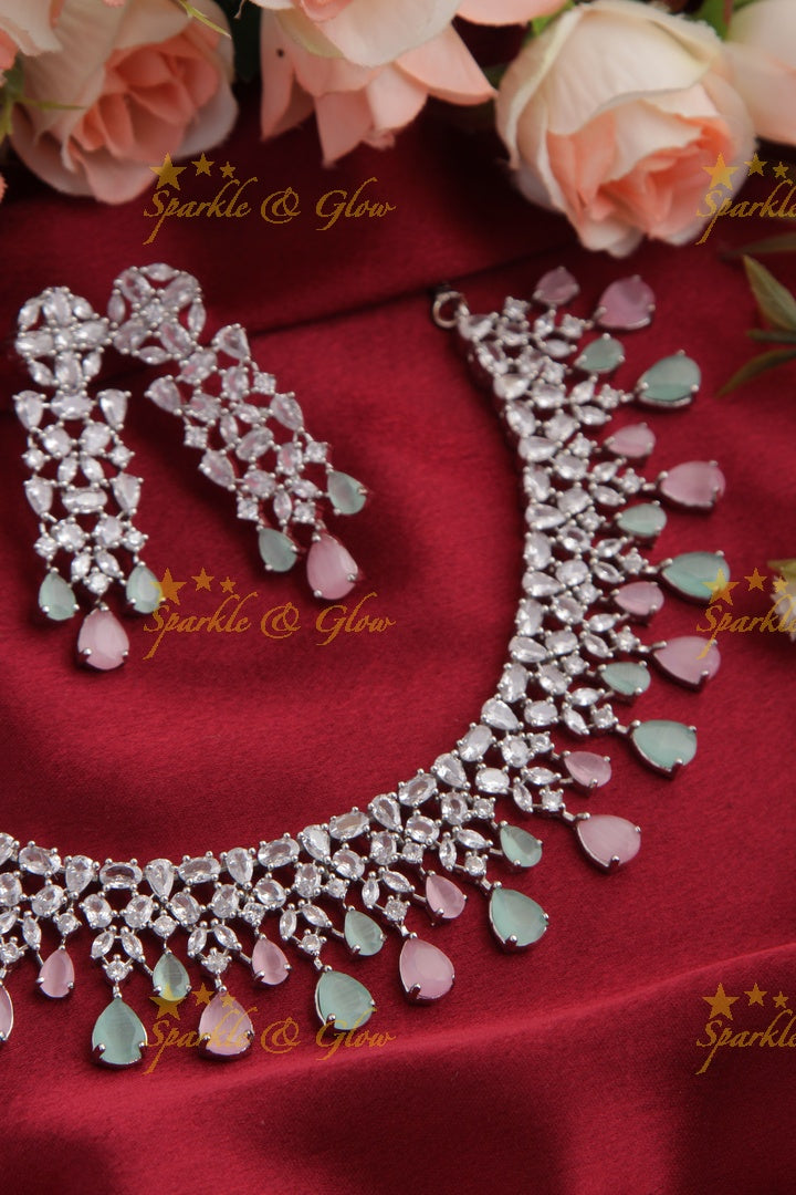 Silver Finish Statement AD necklace - Pastel Pink Green