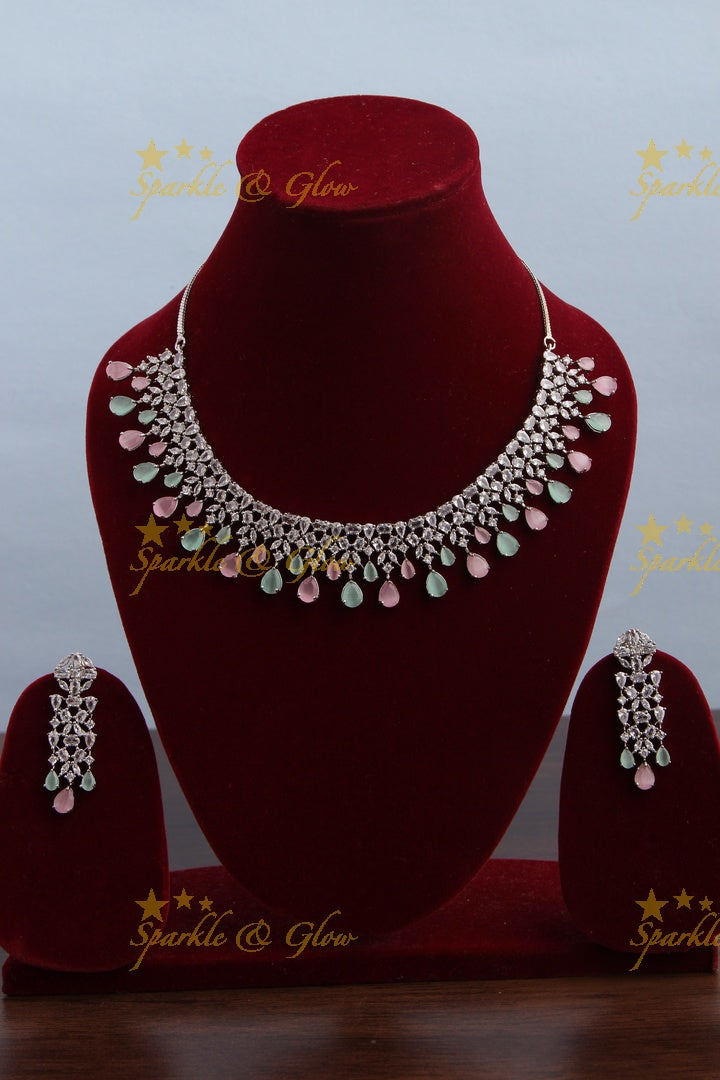 Silver Finish Statement AD necklace - Pastel Pink Green