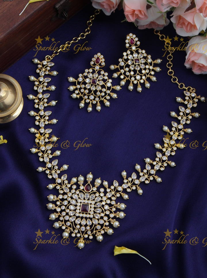 Gold plated Statement AD  necklace - Green