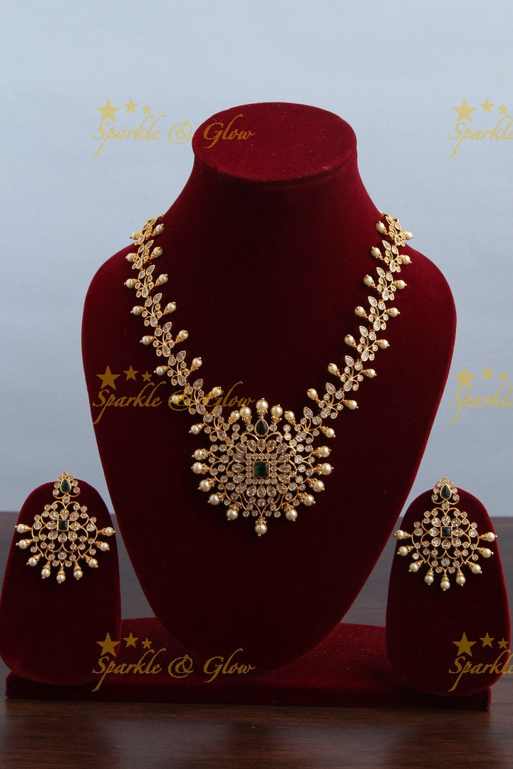 Gold plated Statement AD  necklace - Green
