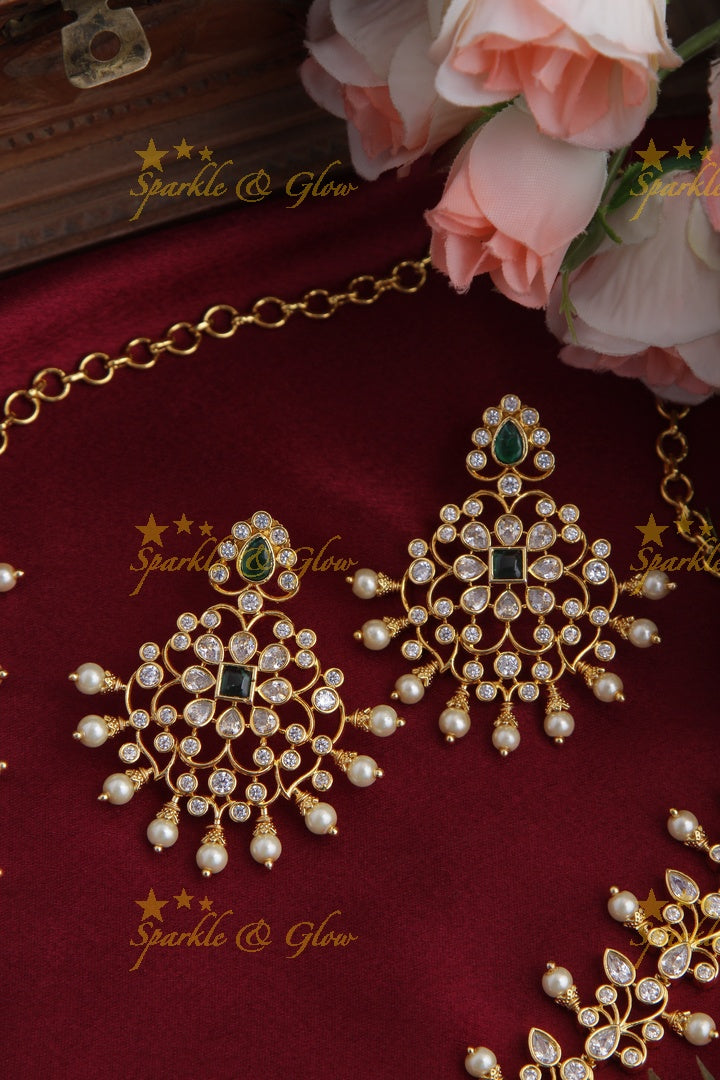 Gold plated Statement AD  necklace - Green