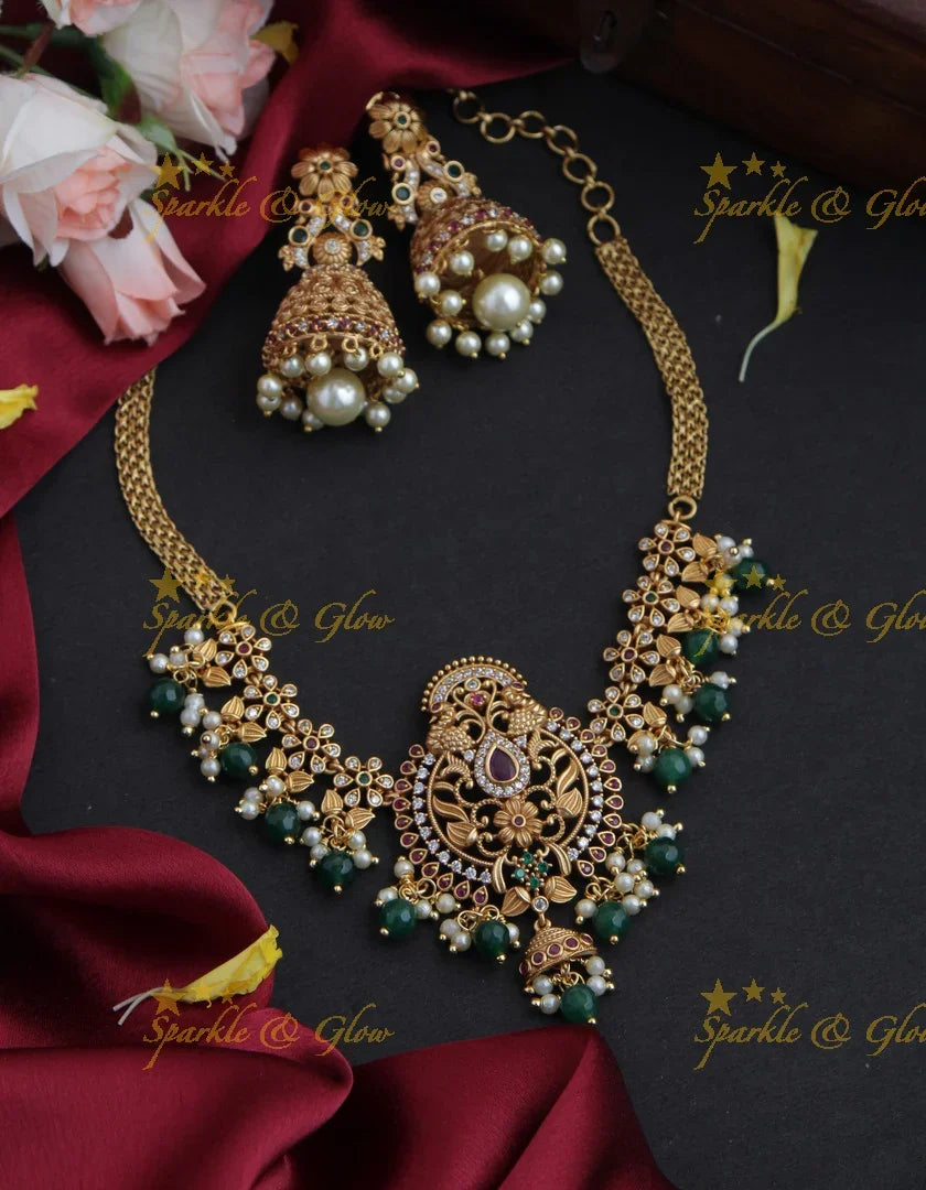 Premium matte CZ non idol floral elegant choker - Green Beads - Sparkle and Glow