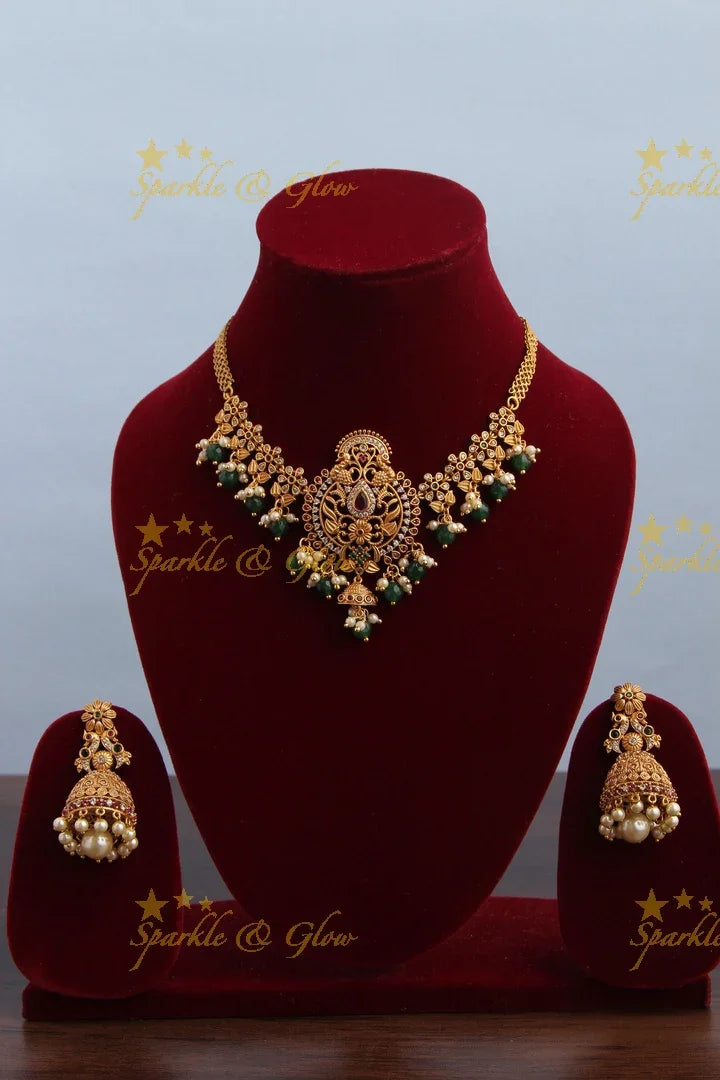 Premium matte CZ non idol floral elegant choker - Green Beads - Sparkle and Glow