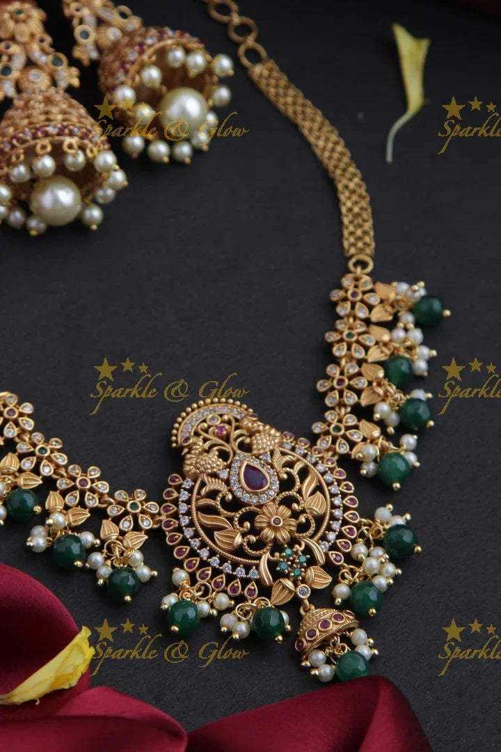 Premium matte CZ non idol floral elegant choker - Green Beads - Sparkle and Glow