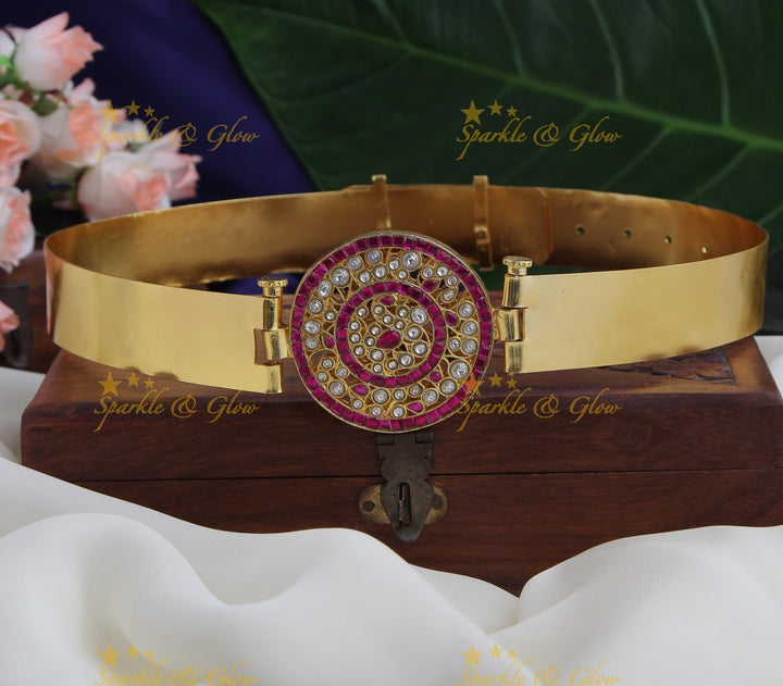 Plain Hipbelt with center Peacock design made with jadau stones - ADULT HIPBELT - Pink