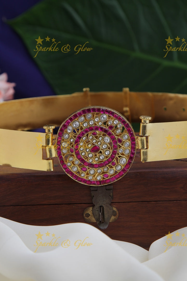 Plain Hipbelt with center Peacock design made with jadau stones - ADULT HIPBELT - Pink