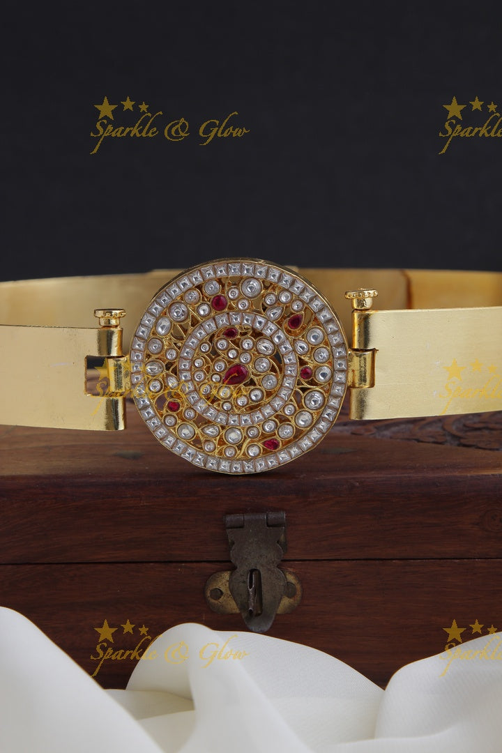 Plain Hipbelt with center Peacock design made with jadau stones - ADULT HIPBELT - White