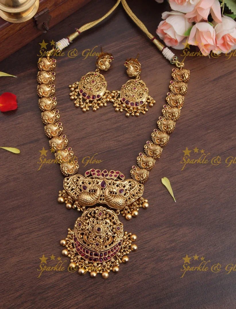 Gold alike non idol Peacock carved necklace - Green Beads - Sparkle and Glow