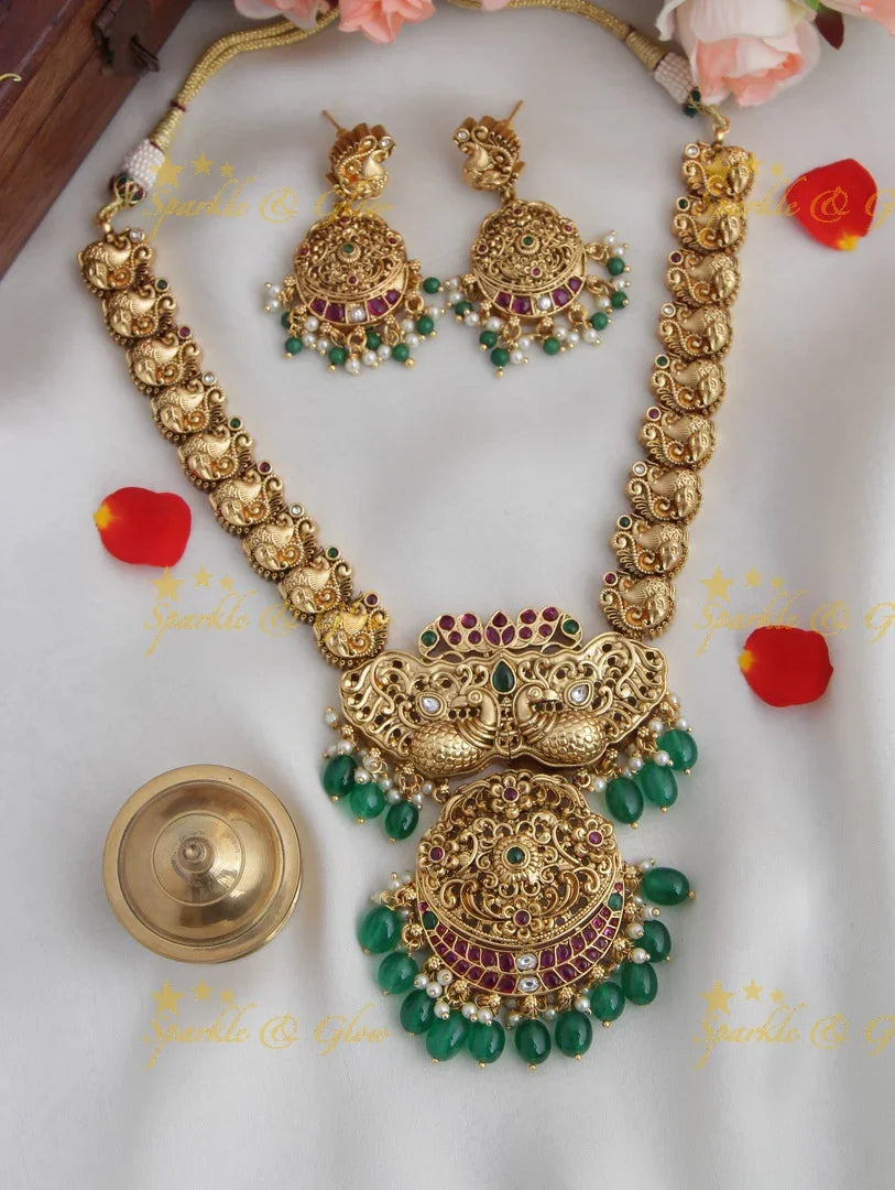Gold alike non idol Peacock carved necklace - Green Beads - Sparkle and Glow