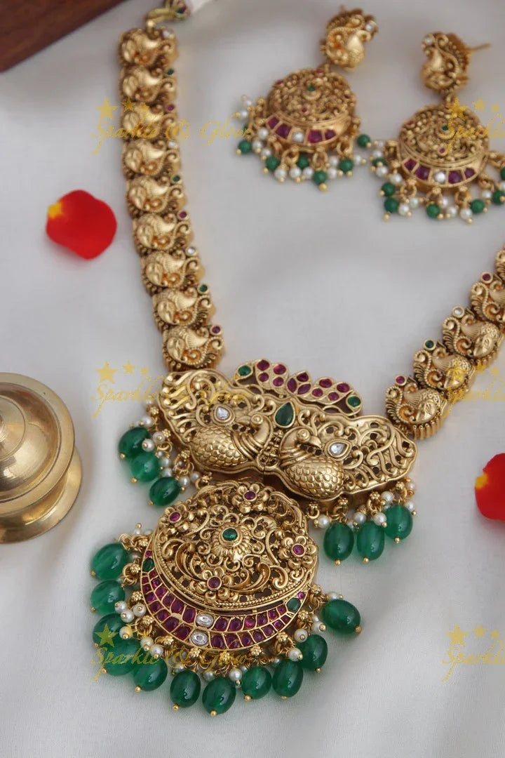 Gold alike non idol Peacock carved necklace - Green Beads - Sparkle and Glow