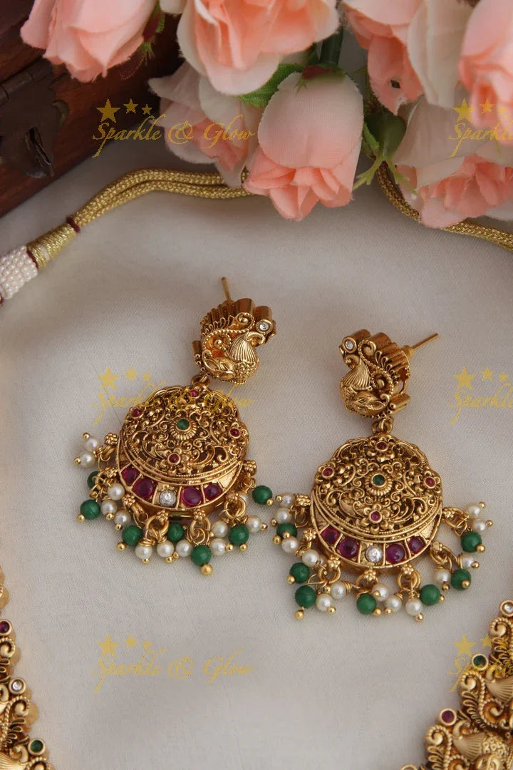 Gold alike non idol Peacock carved necklace - Green Beads - Sparkle and Glow