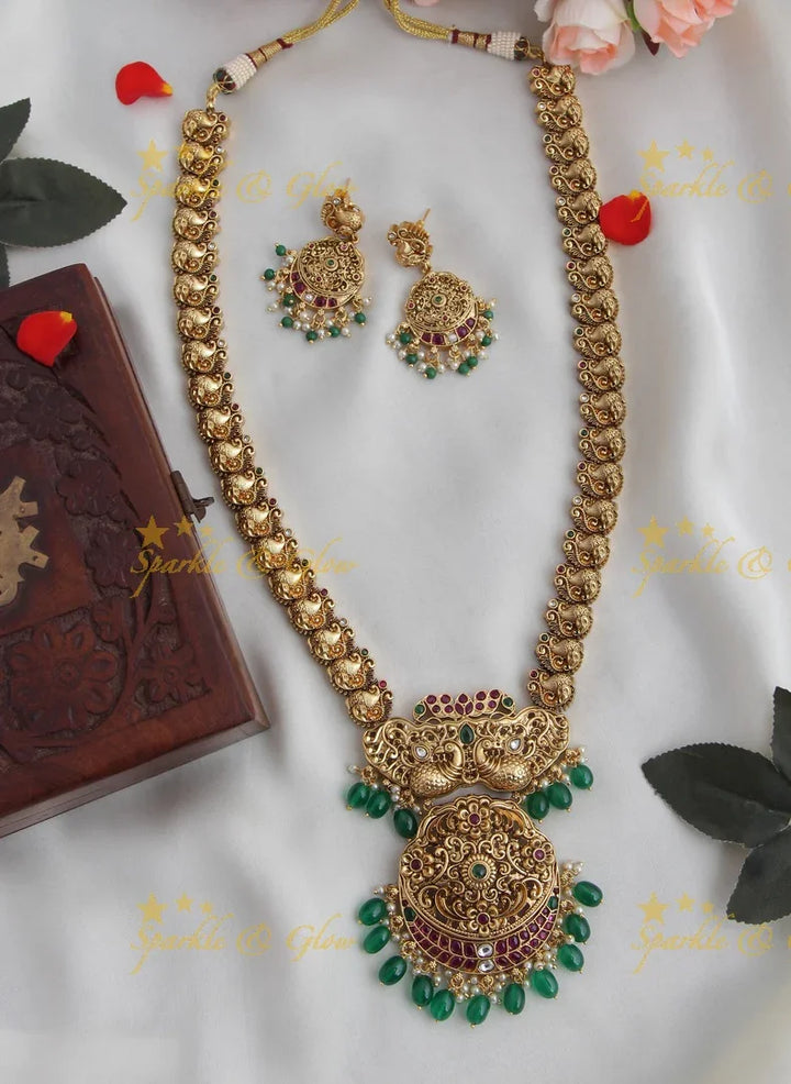 Gold alike non idol Peacock carved long necklace - Gold Beads - Sparkle and Glow
