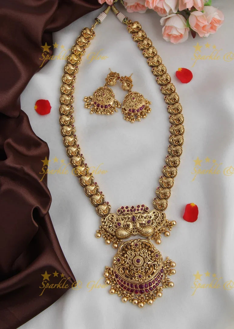 Gold alike non idol Peacock carved long necklace - Gold Beads - Sparkle and Glow