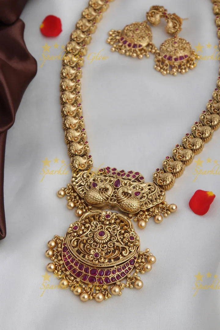 Gold alike non idol Peacock carved long necklace - Gold Beads - Sparkle and Glow