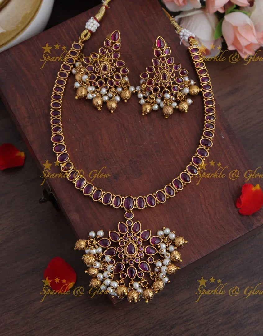 Gold alike budgeted adigai kemp necklace - Pink - Sparkle and Glow