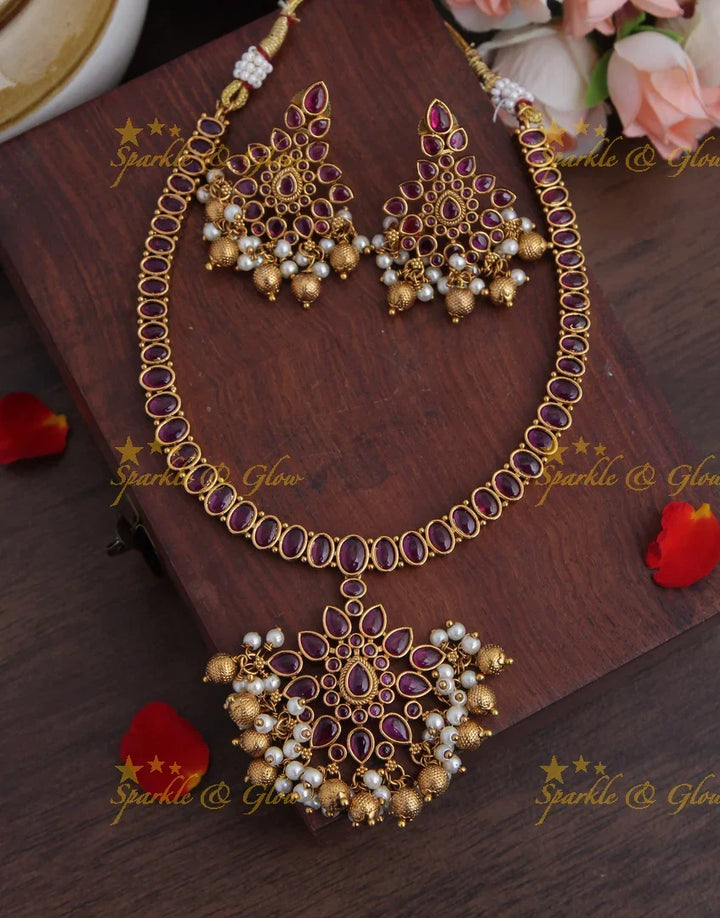 Gold alike budgeted adigai kemp necklace - Pink - Sparkle and Glow