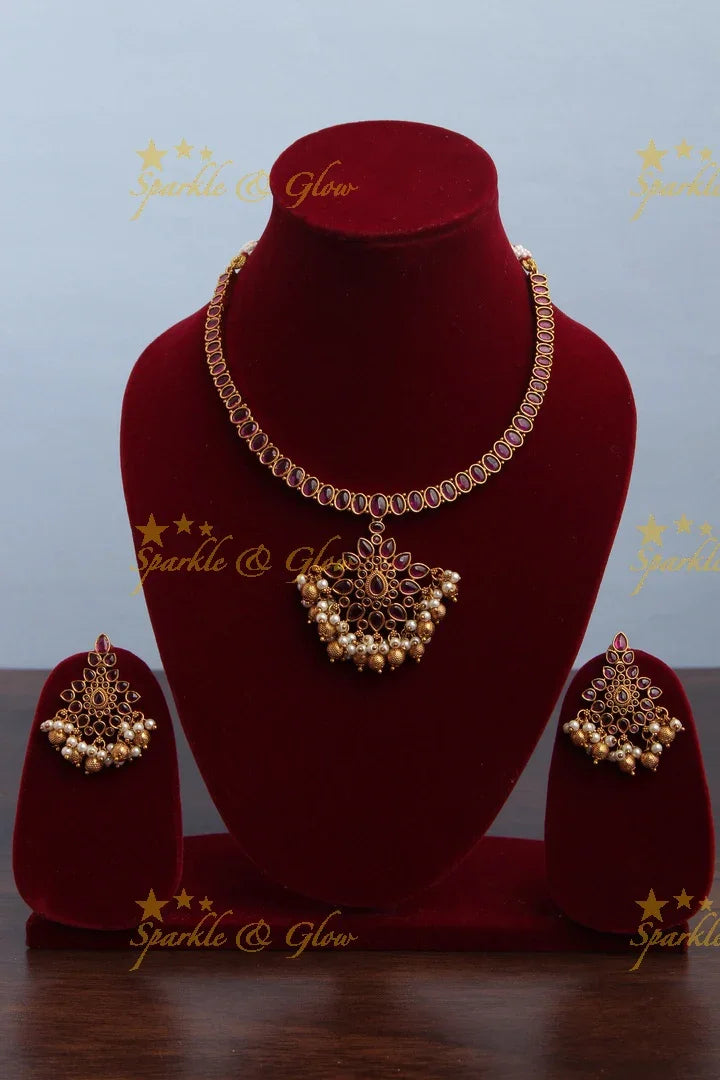 Gold alike budgeted adigai kemp necklace - Pink - Sparkle and Glow