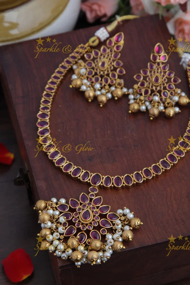 Gold alike budgeted adigai kemp necklace - Pink - Sparkle and Glow