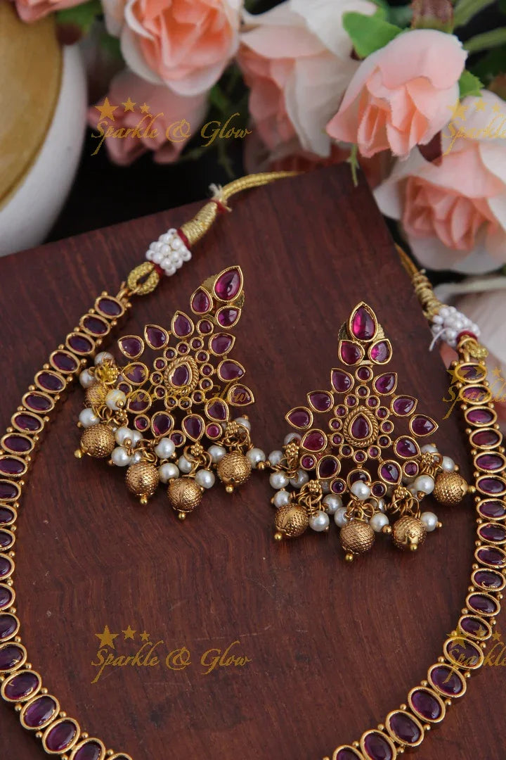 Gold alike budgeted adigai kemp necklace - Pink - Sparkle and Glow