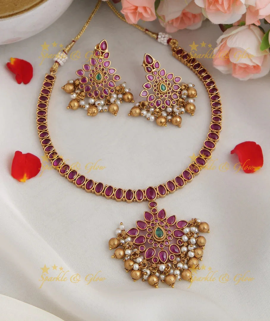 Gold alike budgeted adigai kemp necklace - Pink - Sparkle and Glow