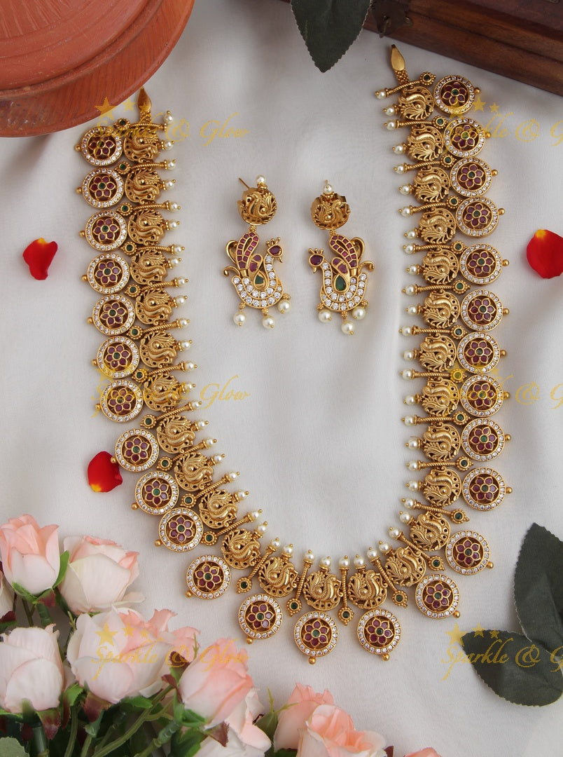 Gold alike peacock carved coin haram - Sparkle and Glow