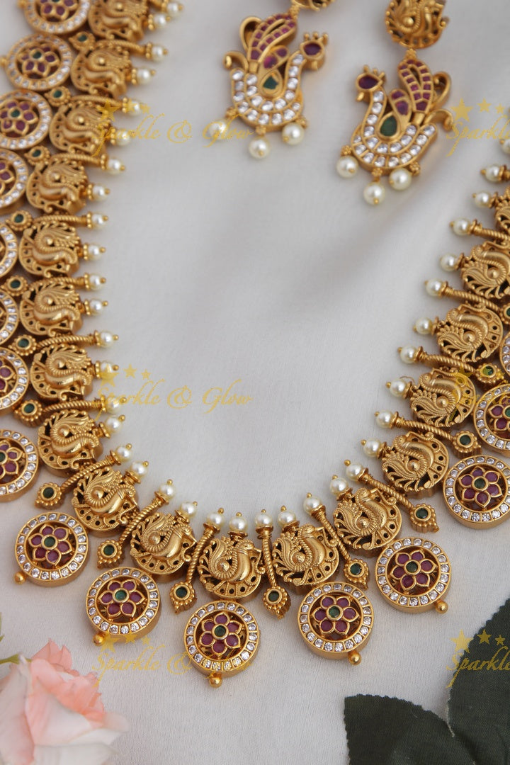 Gold alike peacock carved coin haram - Sparkle and Glow