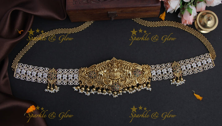 Gold alike antique Lakshmi carved hipchain with ad stones