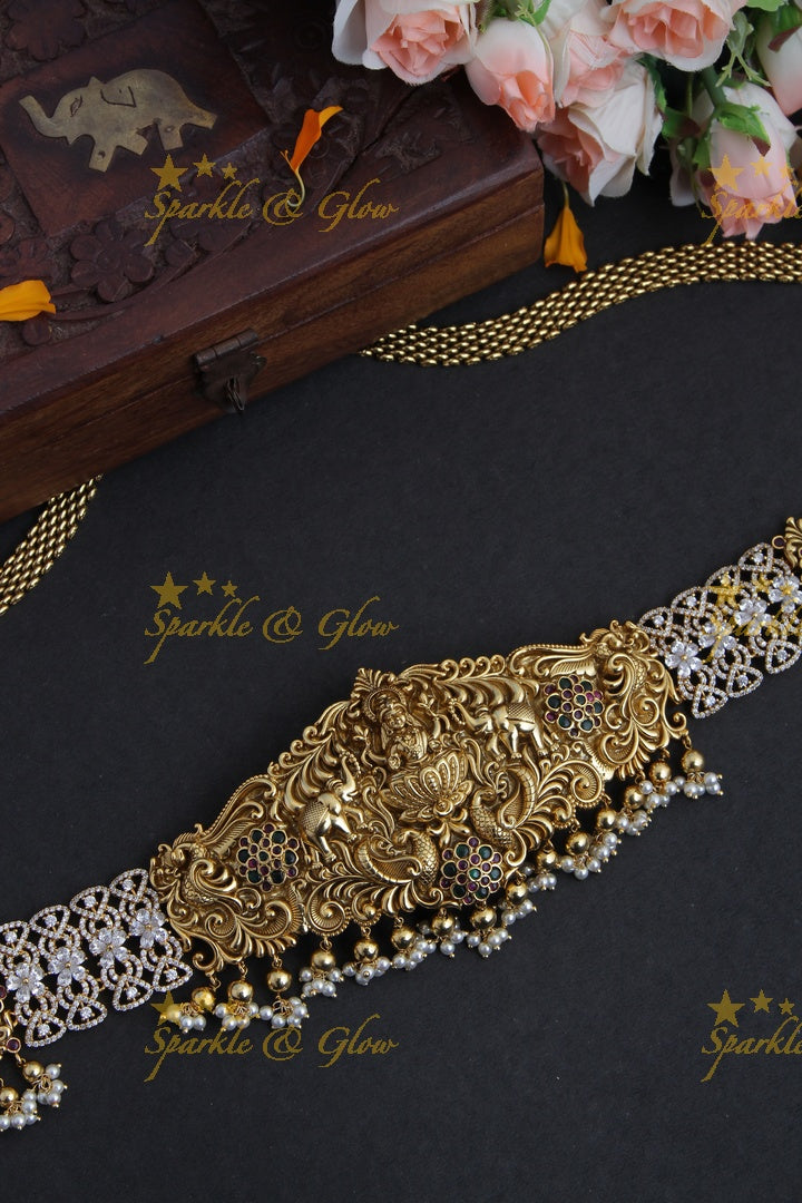 Gold alike antique Lakshmi carved hipchain with ad stones