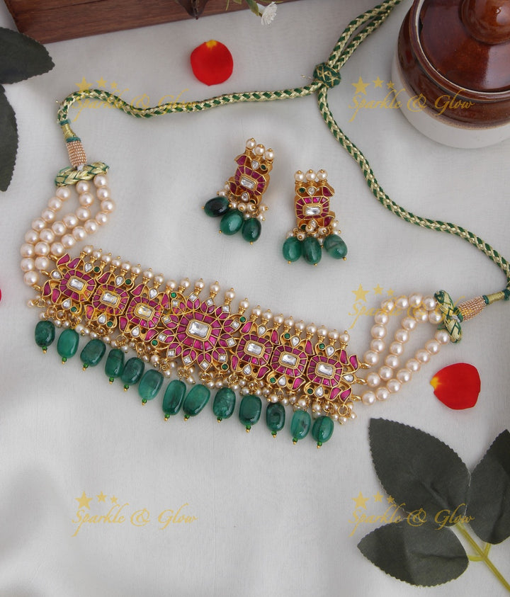 Gold alike Jadau kundan high neck choker with green beads