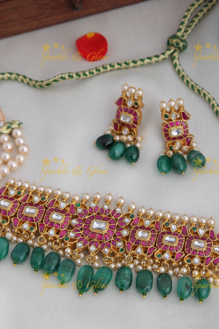 Gold alike Jadau kundan high neck choker with green beads