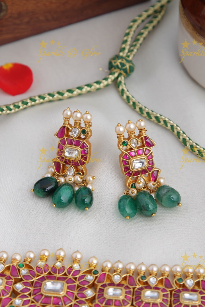 Gold alike Jadau kundan high neck choker with green beads