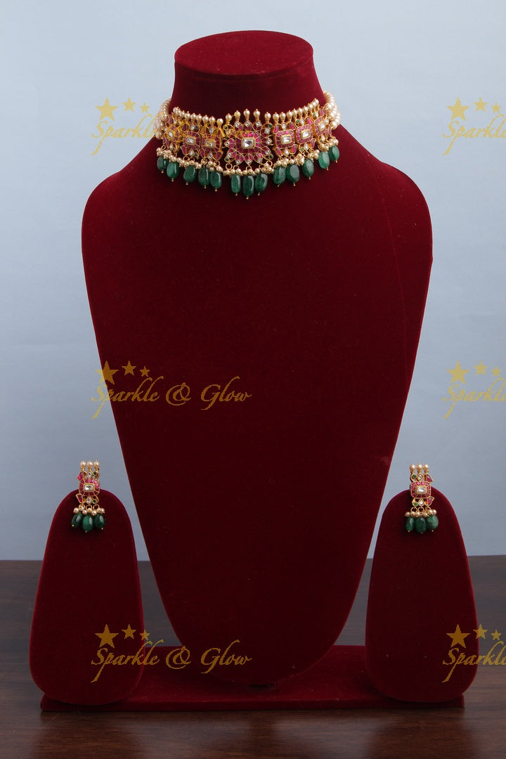 Gold alike Jadau kundan high neck choker with green beads