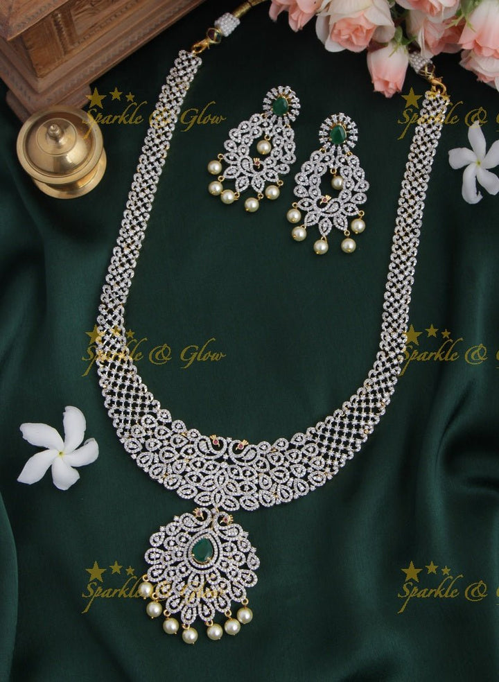 GJ polish Exclusive American Daimond Peacock design long necklace - Green - Sparkle and Glow - Green - Back Thread