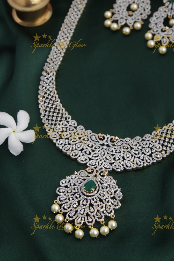 GJ polish Exclusive American Daimond Peacock design long necklace - Green - Sparkle and Glow - Green - Back Thread