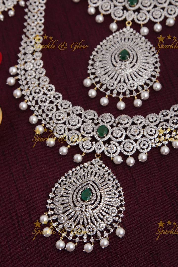 GJ Polish statement semi Bridal set with long haram and short necklace and tikka - Green
