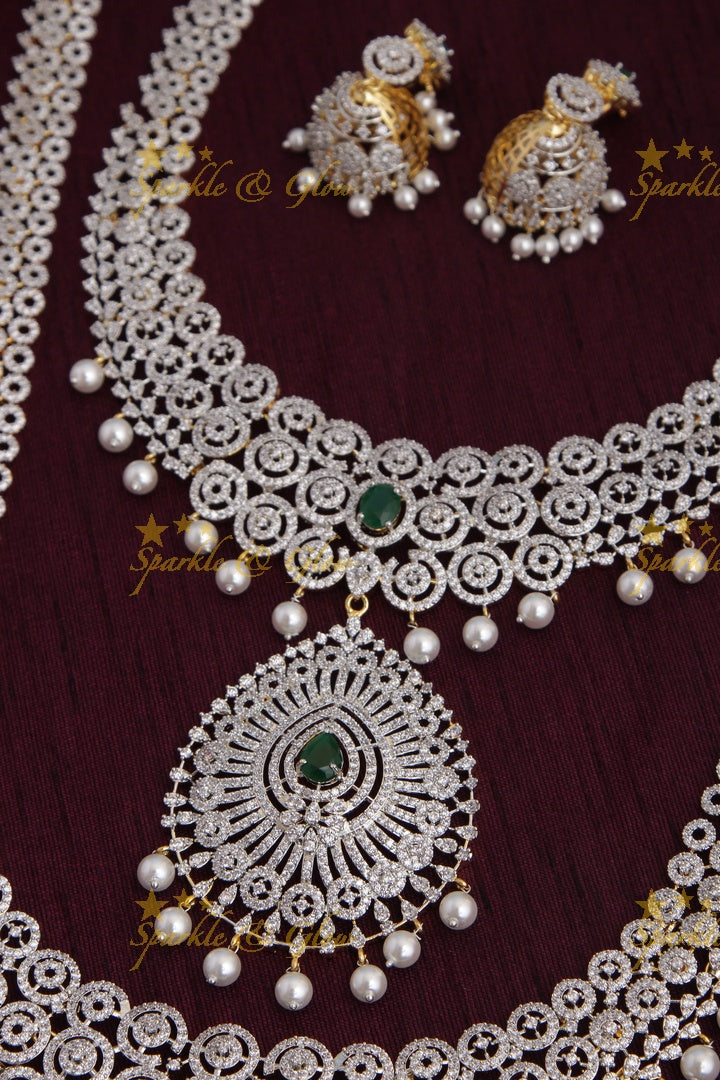 GJ Polish statement semi Bridal set with long haram and short necklace and tikka - Green