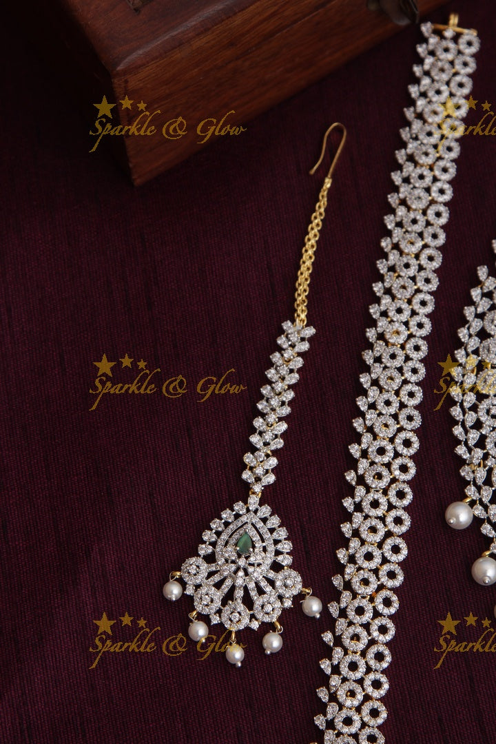 GJ Polish statement semi Bridal set with long haram and short necklace and tikka - Green