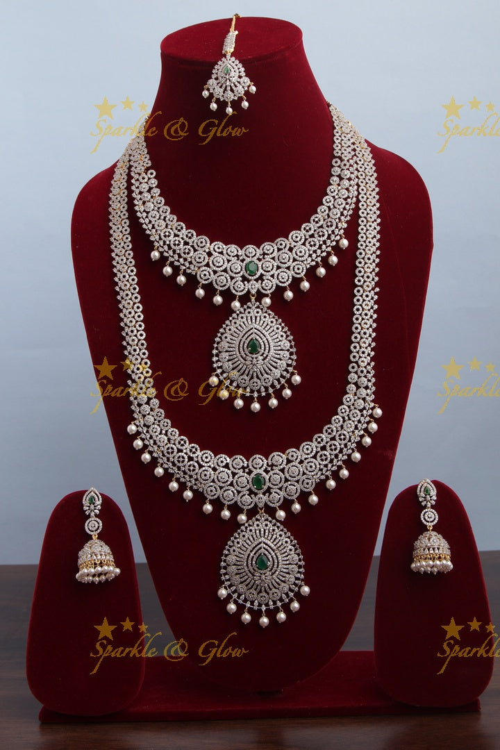 GJ Polish statement semi Bridal set with long haram and short necklace and tikka - Green