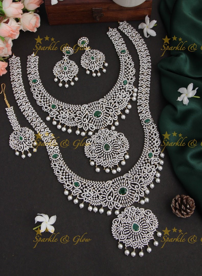 GJ Polish statement semi Bridal set with long haram and short necklace and tikka - Green - Sparkle and Glow - Green - Back Thread