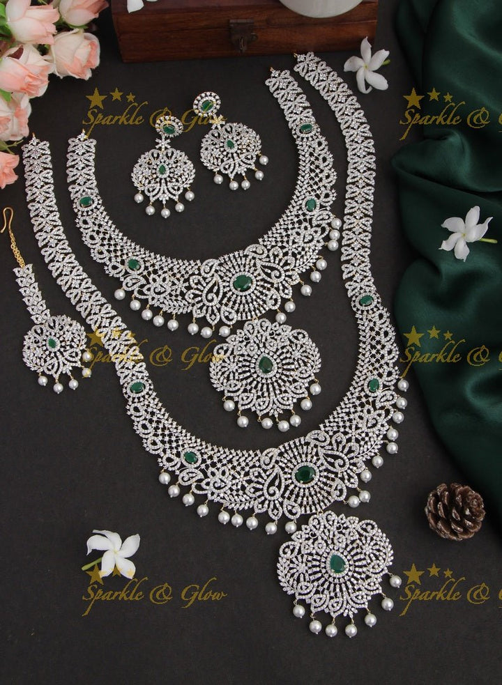 GJ Polish statement semi Bridal set with long haram and short necklace and tikka - Green - Sparkle and Glow - Green - Back Thread