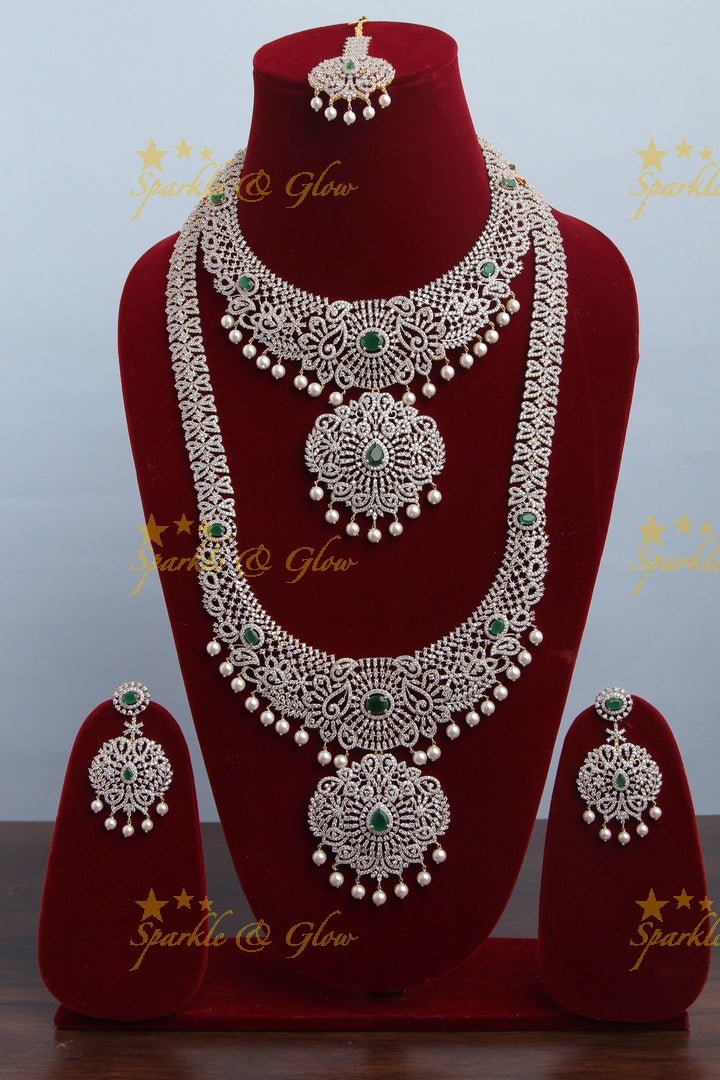 GJ Polish statement semi Bridal set with long haram and short necklace and tikka - Green - Sparkle and Glow - Green - Back Thread
