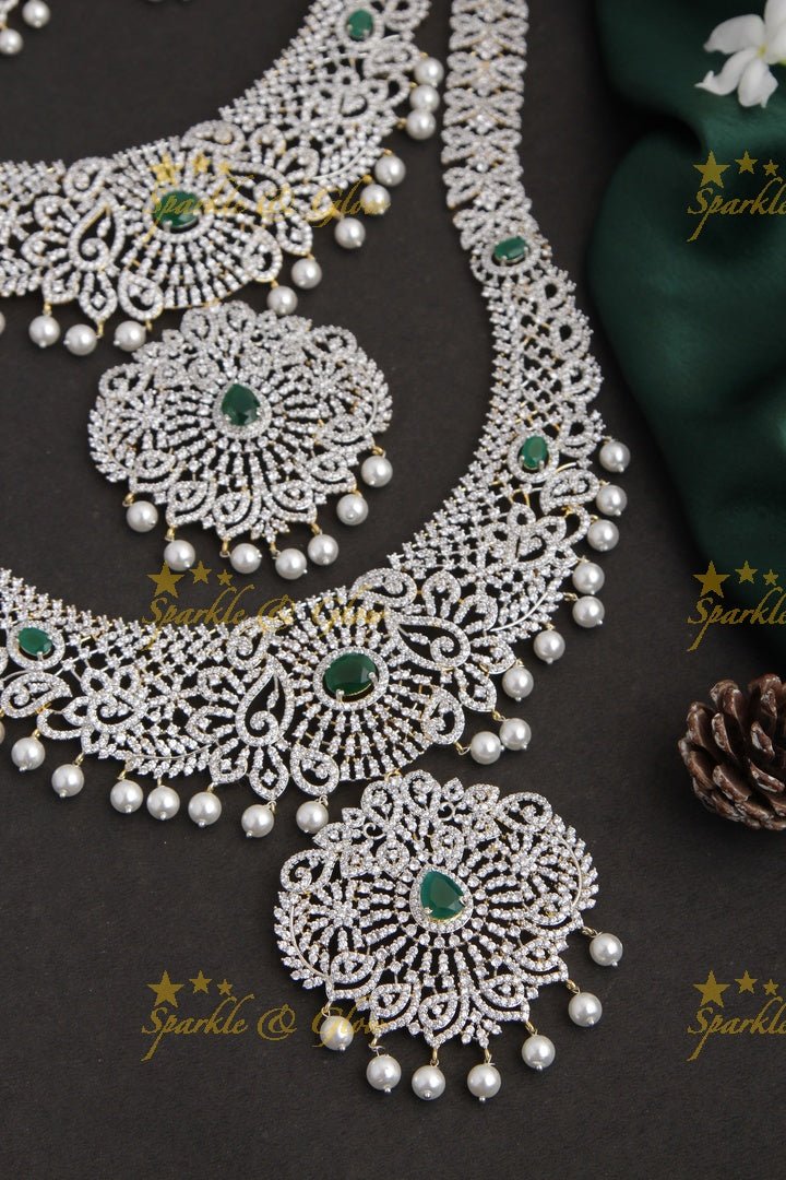 GJ Polish statement semi Bridal set with long haram and short necklace and tikka - Green - Sparkle and Glow - Green - Back Thread