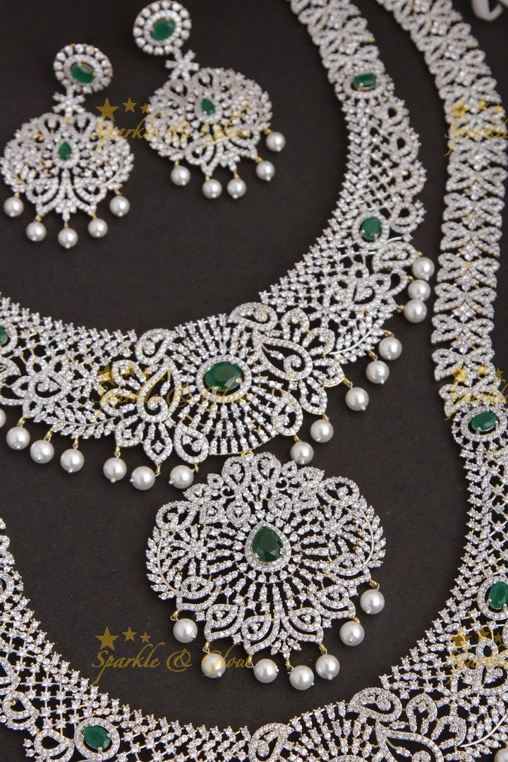 GJ Polish statement semi Bridal set with long haram and short necklace and tikka - Green - Sparkle and Glow - Green - Back Thread