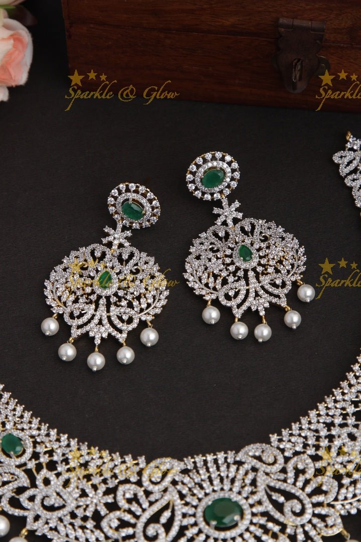 GJ Polish statement semi Bridal set with long haram and short necklace and tikka - Green - Sparkle and Glow - Pink - Back Thread