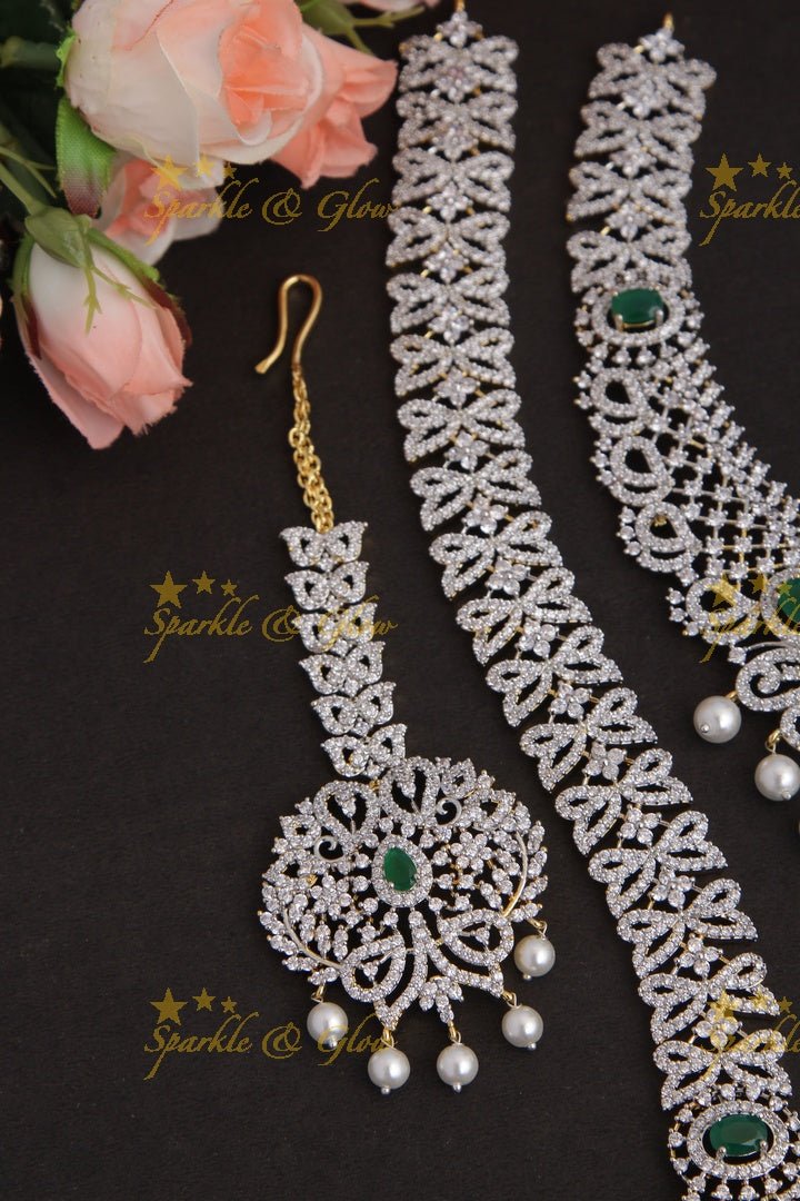 GJ Polish statement semi Bridal set with long haram and short necklace and tikka - Green - Sparkle and Glow - Green - Back Thread