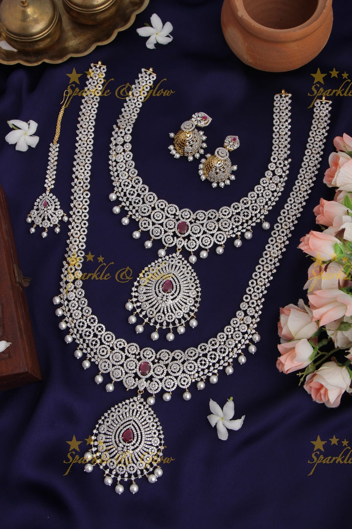 GJ Polish statement semi Bridal set with long haram and short necklace and tikka - Pink