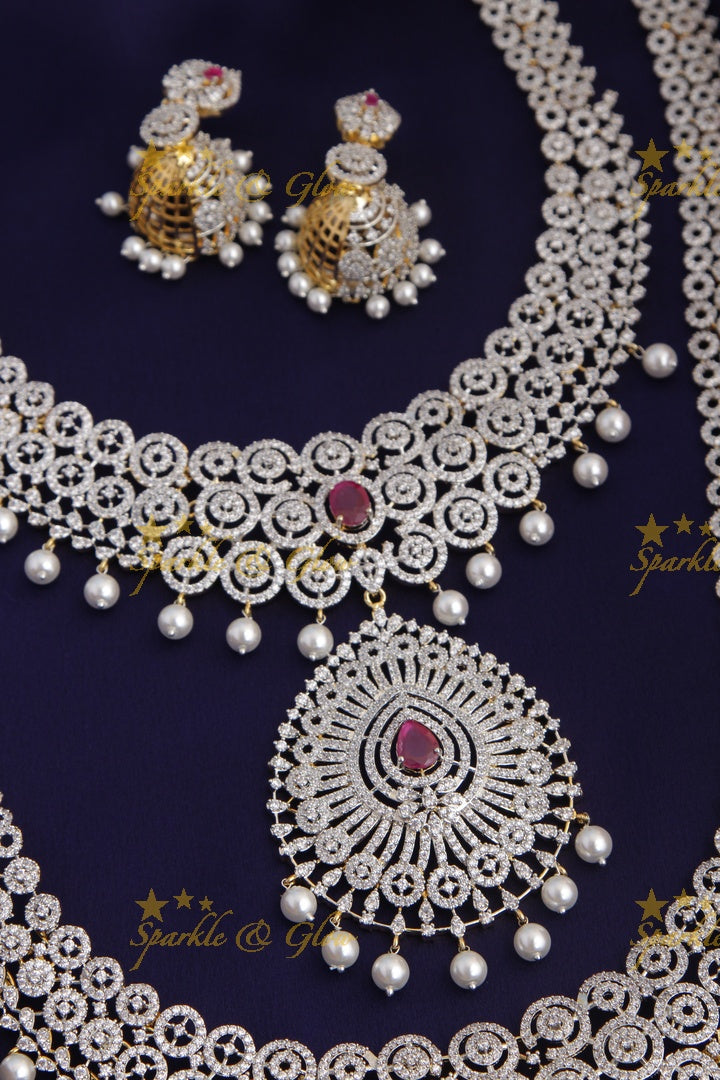 GJ Polish statement semi Bridal set with long haram and short necklace and tikka - Pink
