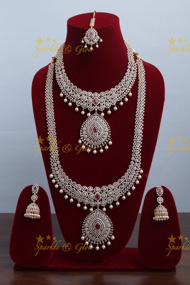 GJ Polish statement semi Bridal set with long haram and short necklace and tikka - Pink