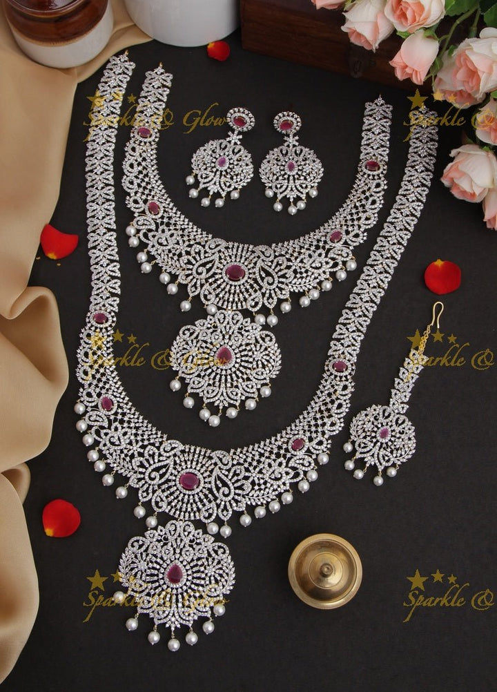 GJ Polish statement semi Bridal set with long haram and short necklace and tikka - Green - Sparkle and Glow - Pink - Back Thread